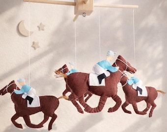 Nursery baby crib mobile horse racing and jockey theme, Baby shower gift for boy, felt hanging animals mobile, Derby accessories, Cowboy