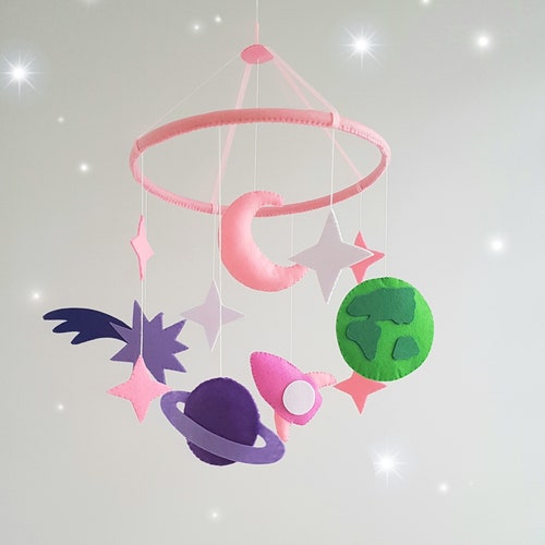 Pink Girl Space Baby Crib Mobile Nursery Felt Cot Hanging Crib Etsy