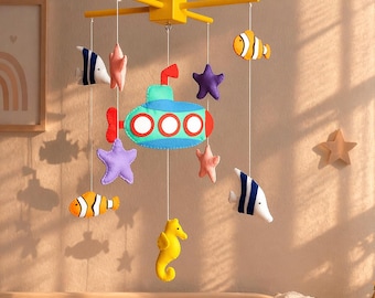 Ocean Baby Crib Mobile, Submarine Fish, Starfish Seahorse, Nautical Sea Nursery Decor, Baby Shower Gift, Neutral Newborn Room Decor