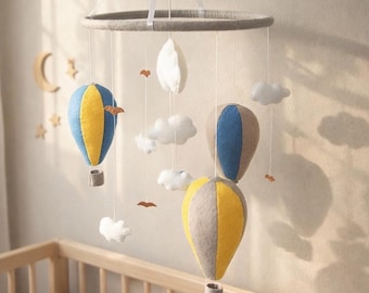 Hot Air Balloon Baby Mobile, Blue Yellow Crib Mobile, Cloud Nursery Mobile, Neutral Baby Decor, Boy Girl Room, Sky Theme