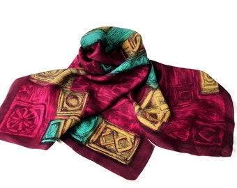 Großer quadratischer Vintage Schal, roter Schal, abstrakter Druck Seidenschal, psychedelischer bunter Schal, roter Pin Up Schal, Halstuch, Kopftuch