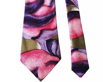 Colorful Silk Necktie, Abstract Print Vintage Necktie, Wide Purple Tie, Suit Accessories, Gentleman Style, Gift for Man, Retro Necktie