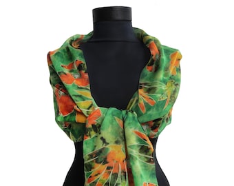 Long Semi Sheer Italian Scarf, Floral Green Shawl, Vintage Colorful Neck Scarf, Green Rectangle Scarf, Neckerchief, Head Scarf, Pin Up Scarf