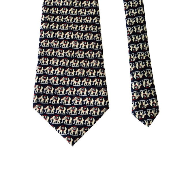 Handmade  Silk Necktie, Wide Designer Tie, Navy Blue Handmade Vintage Tie, Elephant Print Necktie, Suit Accessory, Rene Chagal Boutique Chic