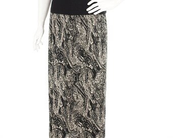 Pleated Maxi Skirt, Long Vintage Skirt, Black and White Ribbed Skirt, Elastic Waist Stretch Skirt, Abstract Print Elastic Band Medium Size