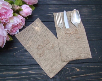 Porte-couverts de mariage en toile de jute Porte-couverts rustique Porte-couverts Pochette Décoration de table de fête