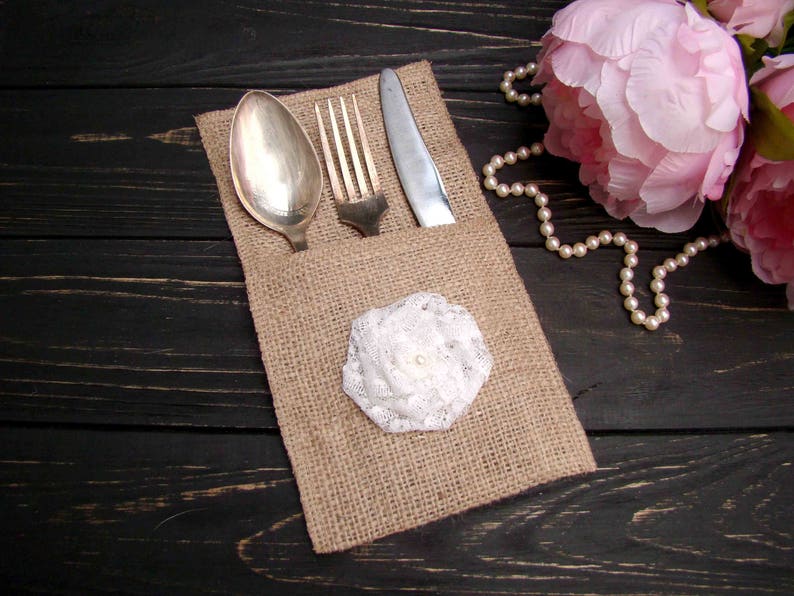 Wedding Flatware Burlap Cutlery Holder Set Of 10 White Etsy