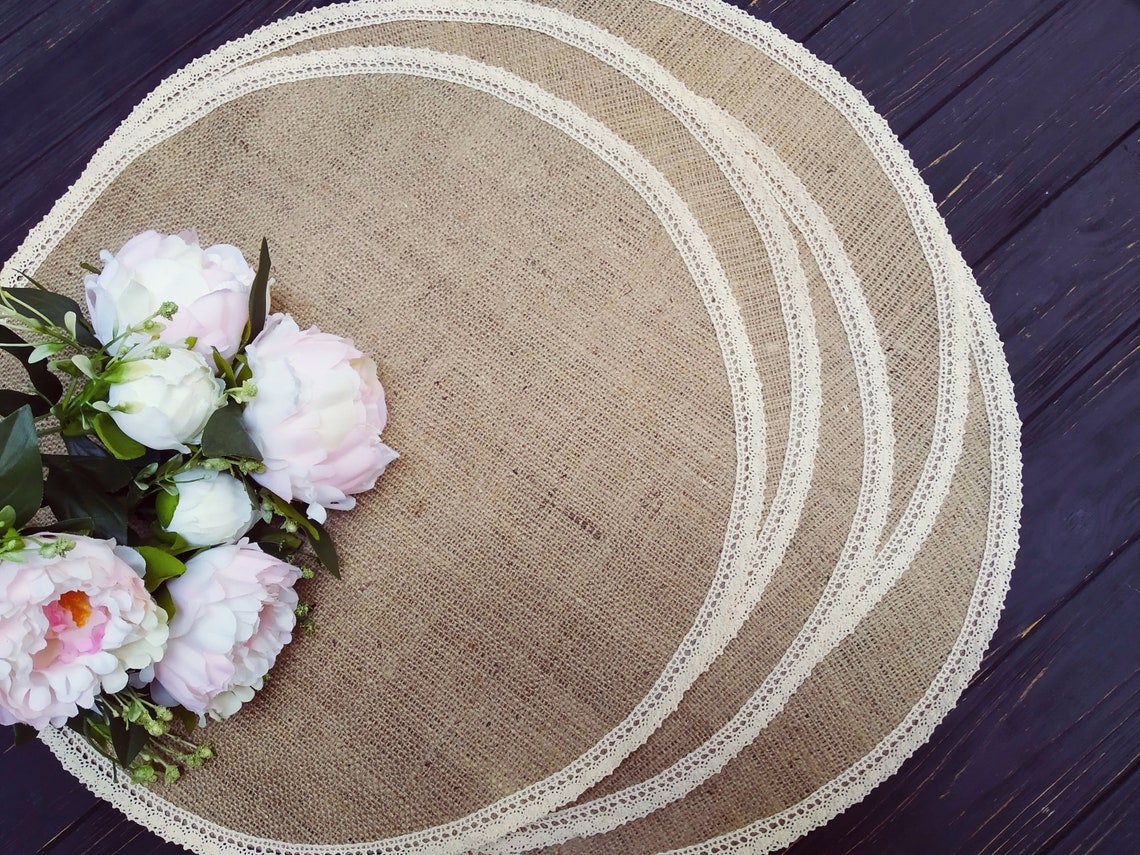 Round Burlap Placemat Burlap and Ivory Lace Circular Wedding Etsy