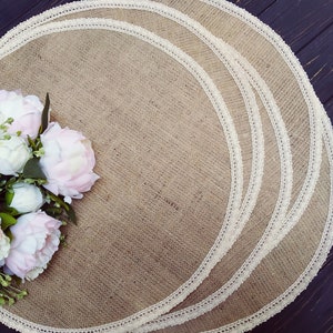 Round burlap placemat Burlap and ivory lace Circular wedding centerpiece Holiday table mat Country table topper Rustic chic decor