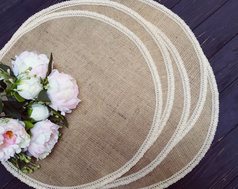 Round burlap placemat Burlap and ivory lace Circular wedding centerpiece Holiday table mat Country table topper Rustic chic decor