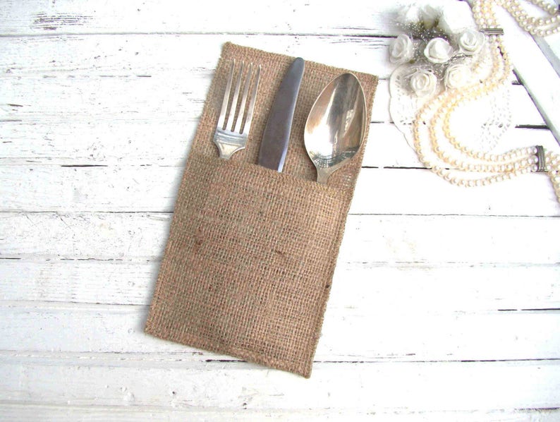 Silverware holder Burlap flatware pouch Cutlery bag image 2