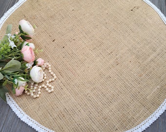 Round table topper Wedding burlap placemat with white lace Rustic table mat Country table place mat Rustic chic decor