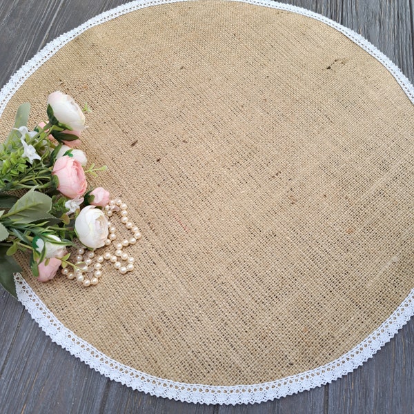 Round table topper Wedding burlap placemat with white lace Rustic table mat Country table place mat Rustic chic decor