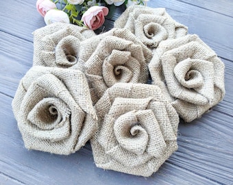 Wedding Roses Bridal Party Decor Burlap Flowers Rustic Wedding Decor Set of 6 Cake Flowers Fabric Rosettes  Wedding Bouquet Boho Chic