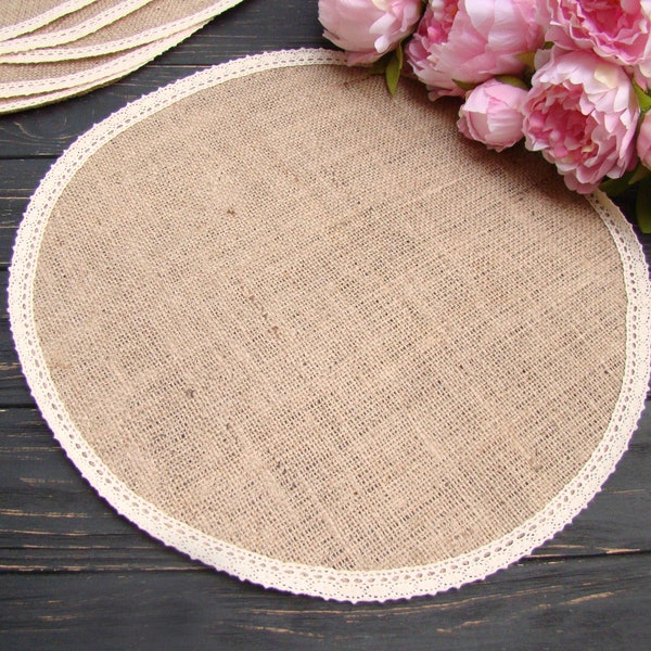 Round burlap placemat Burlap and ivory lace Circular wedding centerpiece Holiday table mat Country table topper Rustic chic decor