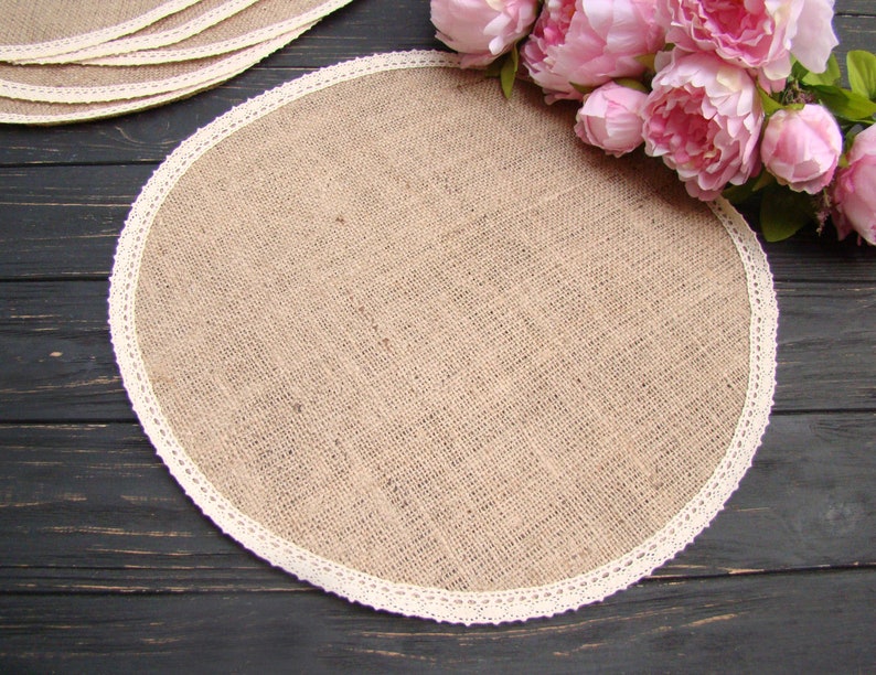 Round Burlap Placemat Burlap and ivory lace Circular Wedding Etsy