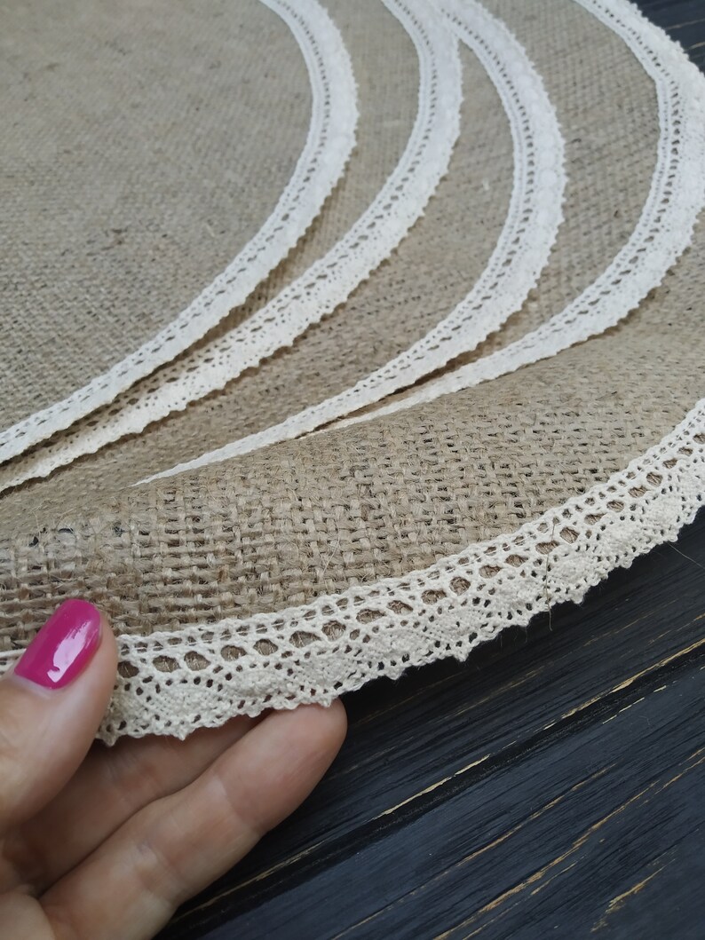 Round Burlap Placemat Burlap and ivory lace Circular Wedding Etsy