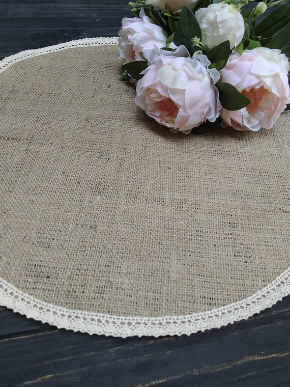 Round burlap placemat Burlap and ivory lace Circular wedding