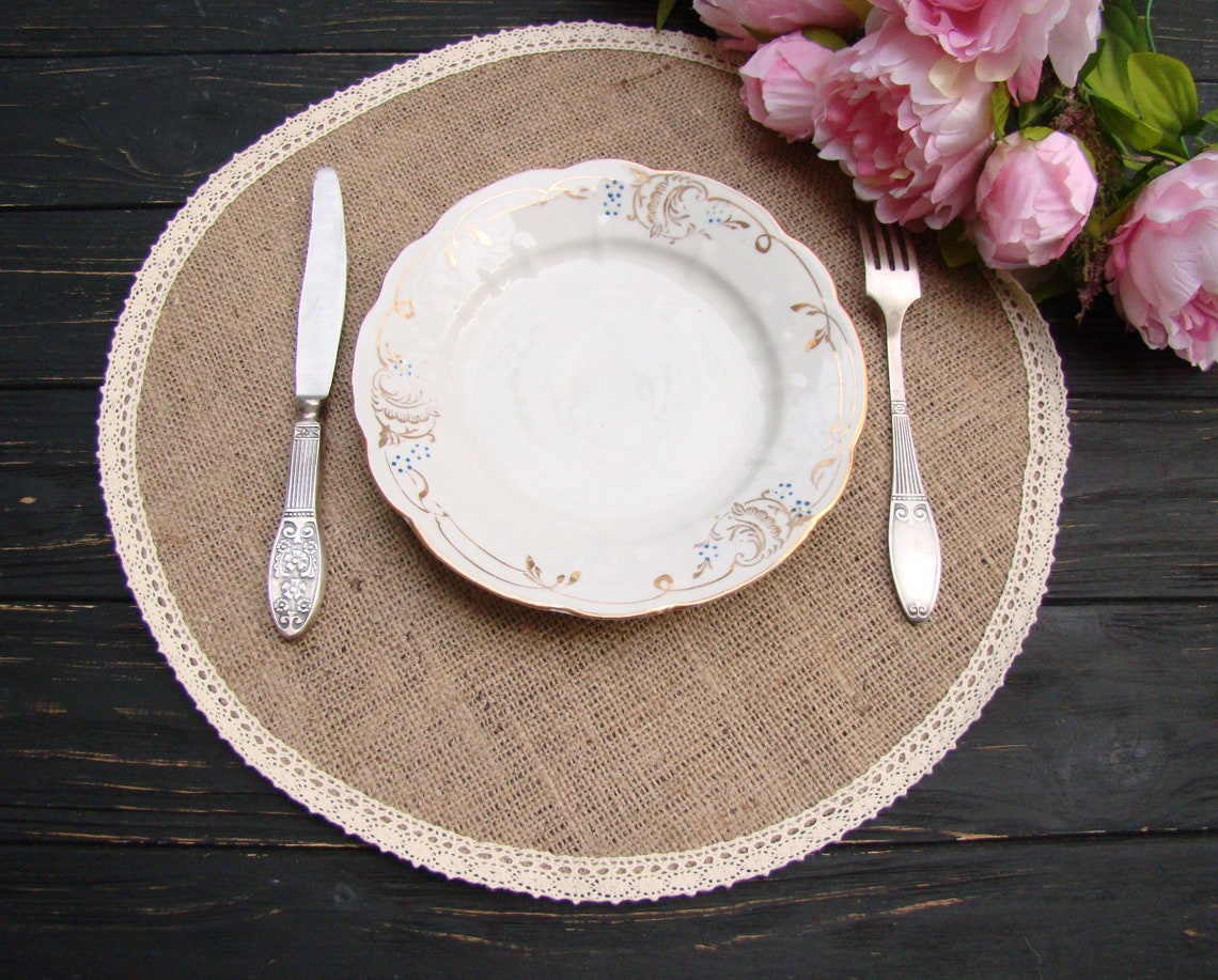 Round Burlap Placemat Burlap and ivory lace Circular Wedding Etsy