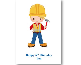 Personalised Birthday Card - Personalized Birthday Card - Son - Grandson -Nephew - Builder, Boy, 1, 2, 3, 4, 5, 6, 7  - Construction Worker