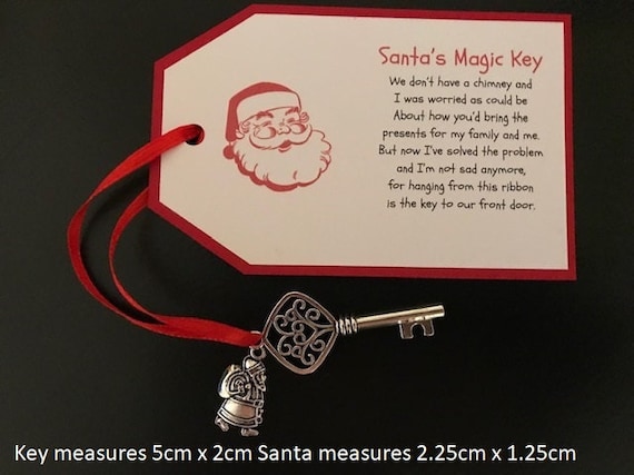 Christmas Santa Key Ornament, Santas Magic Key for No Chimney Houses, Santa Key with Wood Engraved Wooden Tag and Red Bag and Ribbon, Vintage Santa