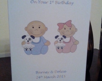 Unique Custom Personalised Babies First 1st Birthday Card - Girl, Boy, Twins, Triplets Grandaughter, Grandson, Son, Daughter, Niece, Nephew