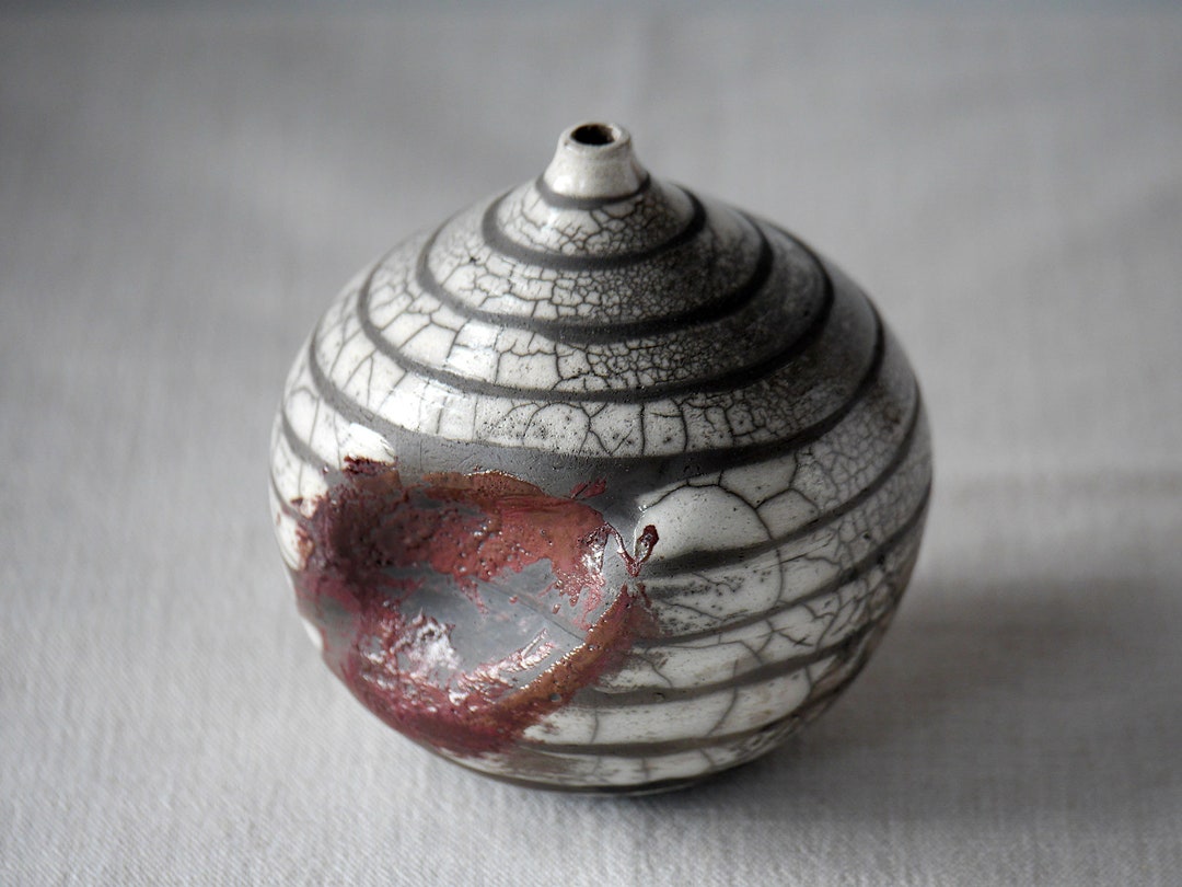 Handthrown Ceramic Raku Pottery Small Bulb Shape Vase in Crackle White