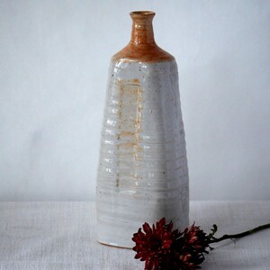 May include: A tall, off-white ceramic vase with a textured, ribbed design. The top and neck of the vase are a warm, earthy brown. A few dark red flowers rest near the base of the vase, adding a pop of color.