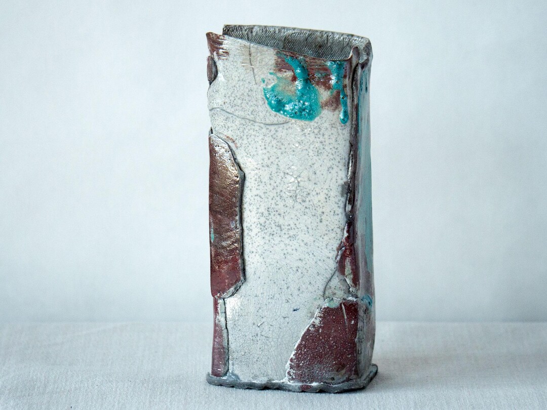 Slab Built Asymetrical Raku Vase in White Crackle Clear Glaze With ...