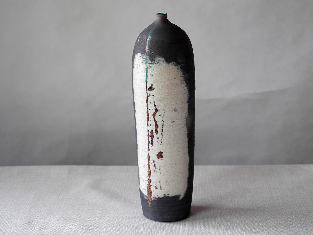 Tall Raku Ceramic Pottery Vase in Crackle White and Glaze and Etsy