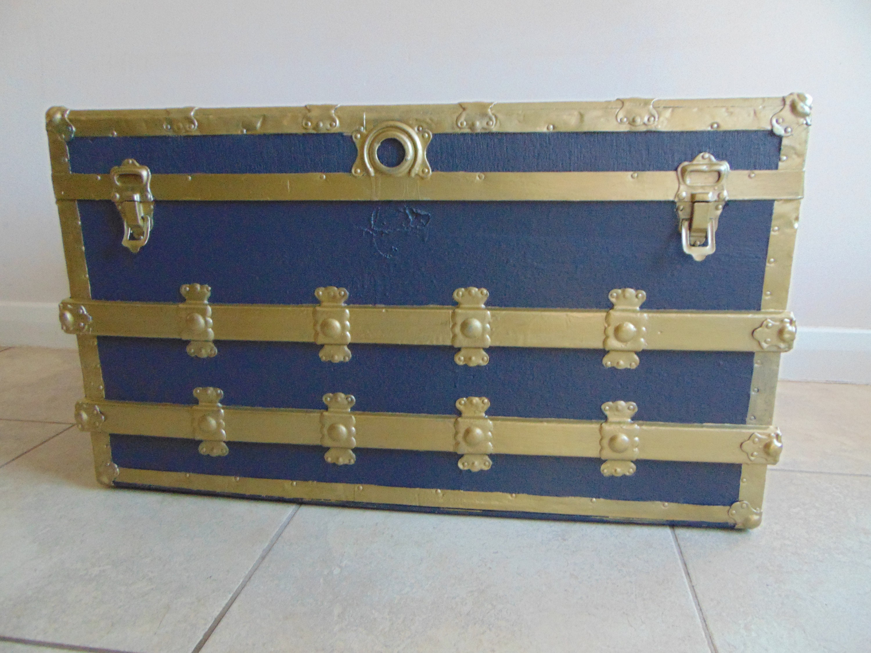 Sold Steamer Trunk Wooden Box Painted In Blue And Gold