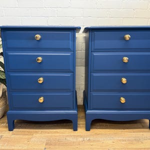 Stag Minstrel Bedside Chest of Drawers – Painted in Symphony Blue – Polished Brass KnobS