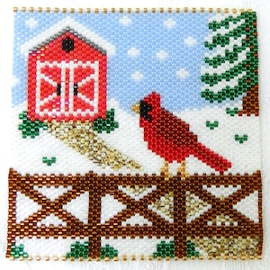 PEYOTE COASTER PATTERN - Beaded Winter Cardinal Coaster in Peyote Stitch Pattern