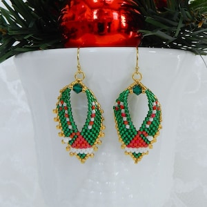 Brick Stitch Santa Hat Christmas Earrings with Delica Beads TUTORIAL/PATTERN