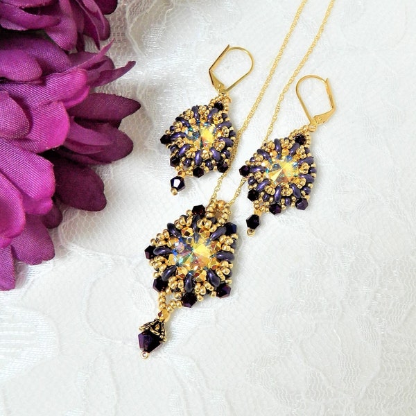 EVENING OUT SET - Beaded Crystals, Superduo & Miniduo Earrings and Pendant/Necklace