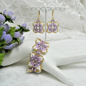 Beaded SuperDuo and Crystal Flower Square Bracelet and Earrings Set TUTORIAL/PATTERN