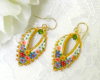 Beaded Leaf Earrings in Brick Stitch with Delica Beads - "Flower Bouquet"