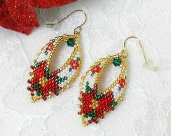 EARRING TUTORIAL - Christmas Brick Stitch Leaf Poinsettia Earrings