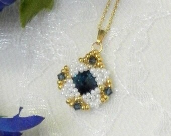 REDUCED - Woven Crystal Rivoli Bezel & Seed Bead Pendant/Necklace