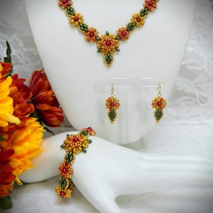 Tutorial/Patrón: Collar, pulsera y pendientes SuperDuo "Conjunto Oro Otoño" con cuentas