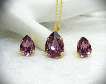 Collar solitario de cristal Swarovski Iris Pera hecho a mano y/o pendientes a juego.
