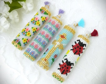 Hand Beaded Peyote Stitch Seed Bead Flowers, Lady Bug, & Cross Needle Cases
