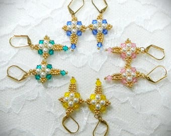 Easy DIY Beaded Swarovski Crystal and Pearl Birthstone Cross Earrings pattern/tutorial (DIGITAL DOWNLOAD)