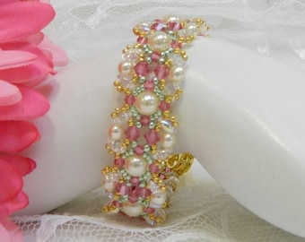 BRACELET SET TUTORIAL - Beaded Pearl, Crystal & SuperDuo Bracelet and Earrings "Spring Romance" set