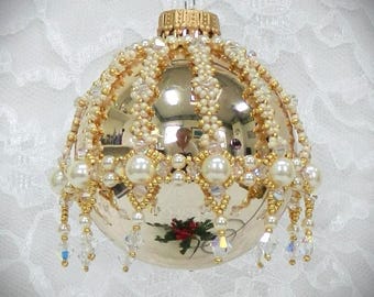 DIY Beaded Golden Pearl Christmas Ornament Cover TUTORIAL/PATTERN