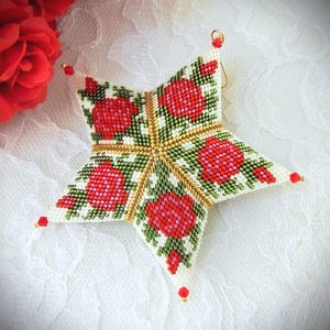 Roses for Mom Beaded 3D Puffy Peyote Star Ornament TUTORIAL/PATTERN