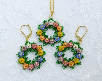 TUTORIAL for Beaded Floral Wreath Earrings and Necklace with Forget Me Not flowers
