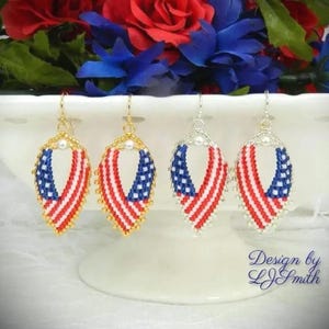 Hand Beaded Leaf Red, White, & Blue Flag Brick Stitch Earrings