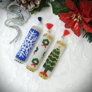 Handgemachte Perlenkranz, Schneeflocke & Tannenbaum Nadeldosen in Peyote Stitch