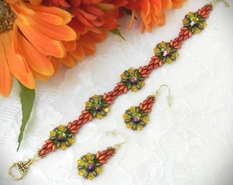 Beaded Flower Vine SuperDuo and Crystal Bracelet & Earrings Set DIGITAL DOWNLOAD